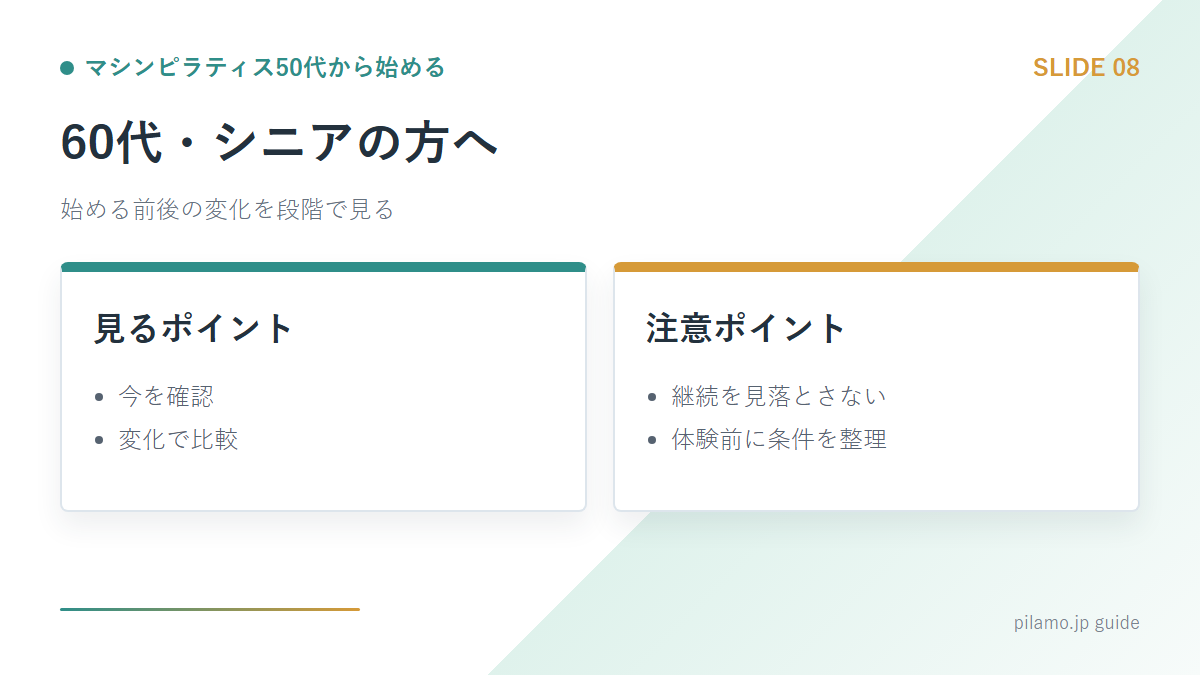 マシンピラティス50代から始める「60代・シニアの方へ」の要点を整理した図解