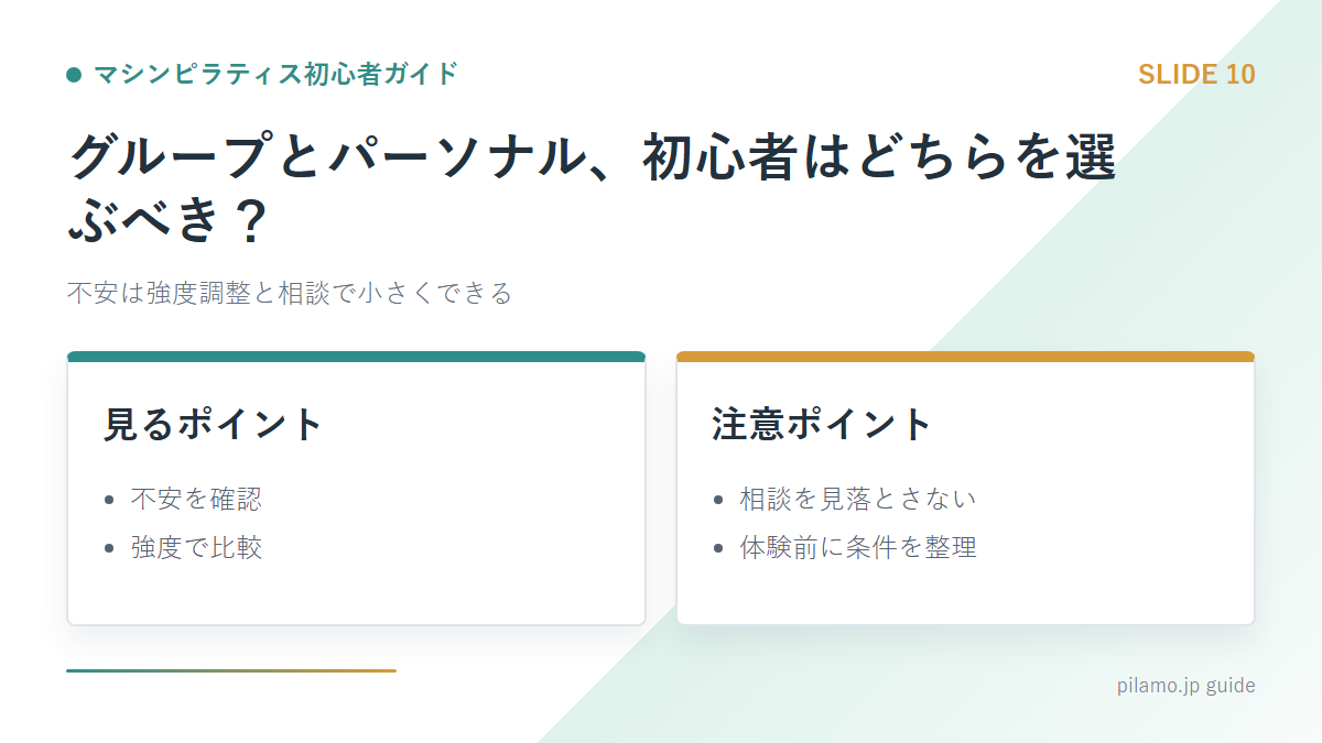 マシンピラティス初心者ガイド「グループとパーソナル、初心者はどちらを選ぶべき？」の要点を整理した図解