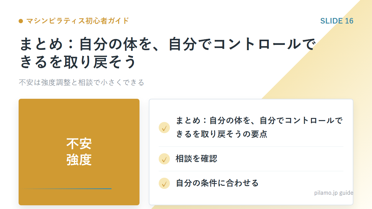 マシンピラティス初心者ガイド「まとめ：自分の体を、自分でコントロールできるを取り戻そう」の要点を整理した図解