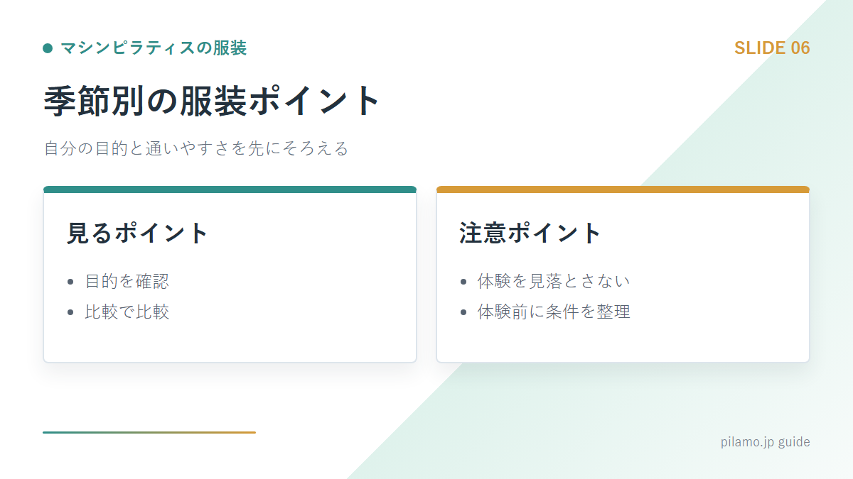 マシンピラティスの服装「季節別の服装ポイント」の要点を整理した図解