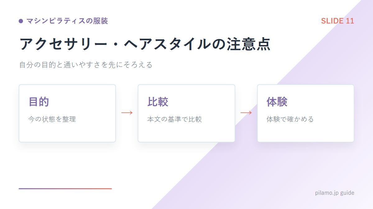 マシンピラティスの服装「アクセサリー・ヘアスタイルの注意点」の要点を整理した図解