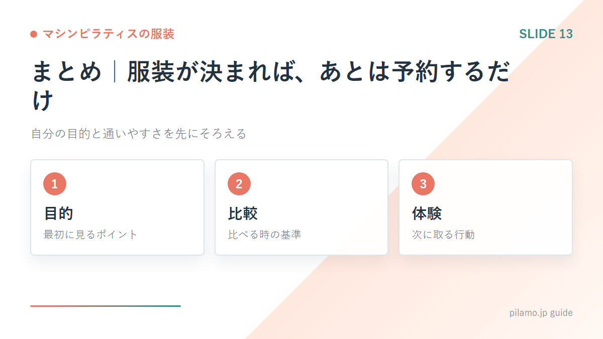 マシンピラティスの服装「まとめ|服装が決まれば、あとは予約するだけ」の要点を整理した図解