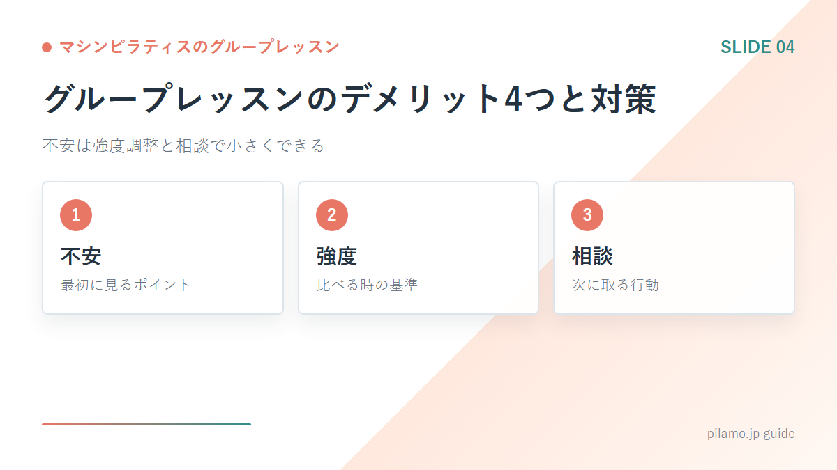 マシンピラティスのグループレッスン「グループレッスンのデメリット4つと対策」の要点を整理した図解