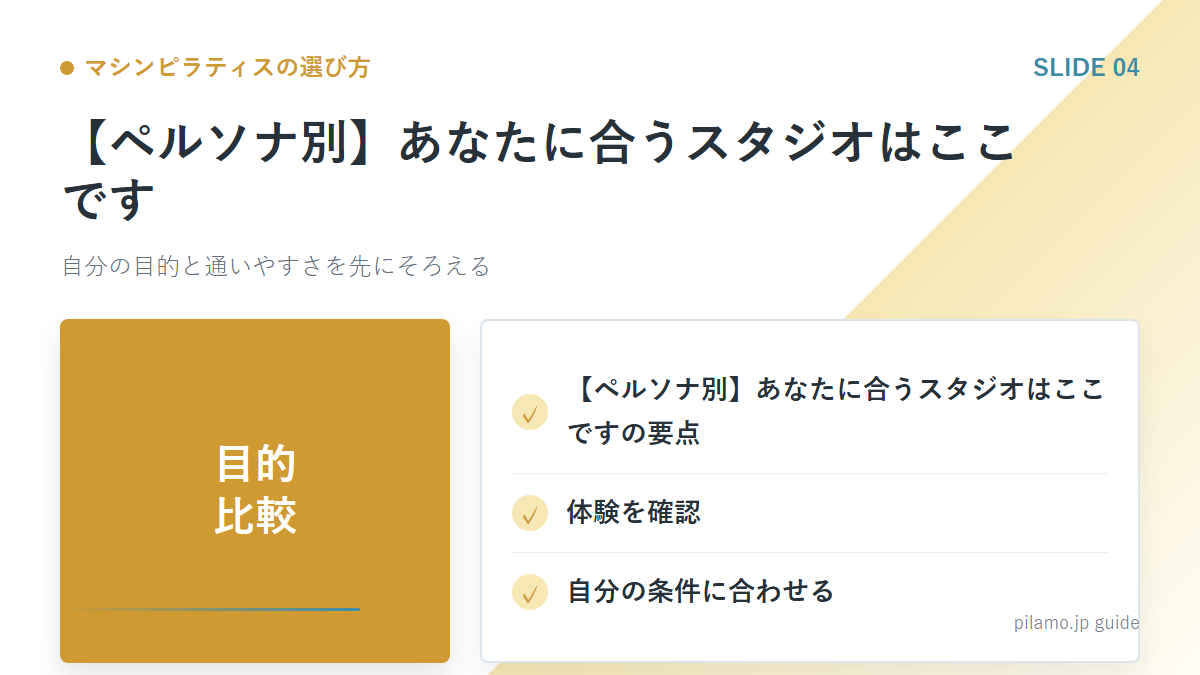 マシンピラティスの選び方「【ペルソナ別】あなたに合うスタジオはここです」の要点を整理した図解