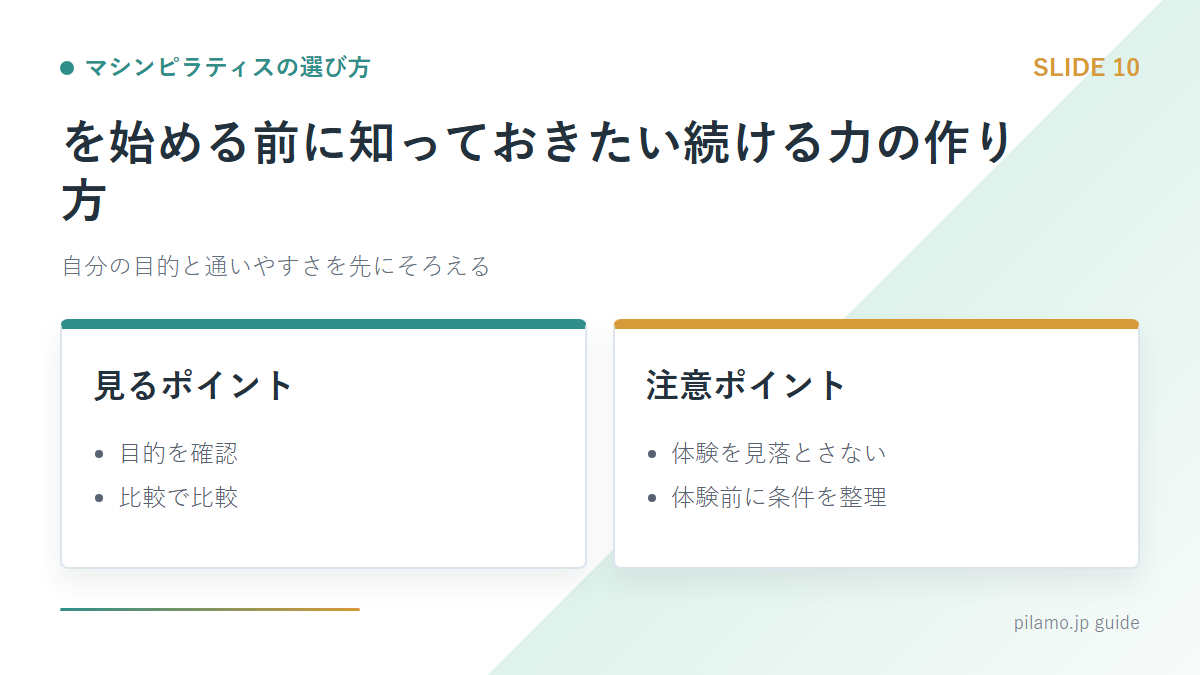 マシンピラティスの選び方「を始める前に知っておきたい続ける力の作り方」の要点を整理した図解