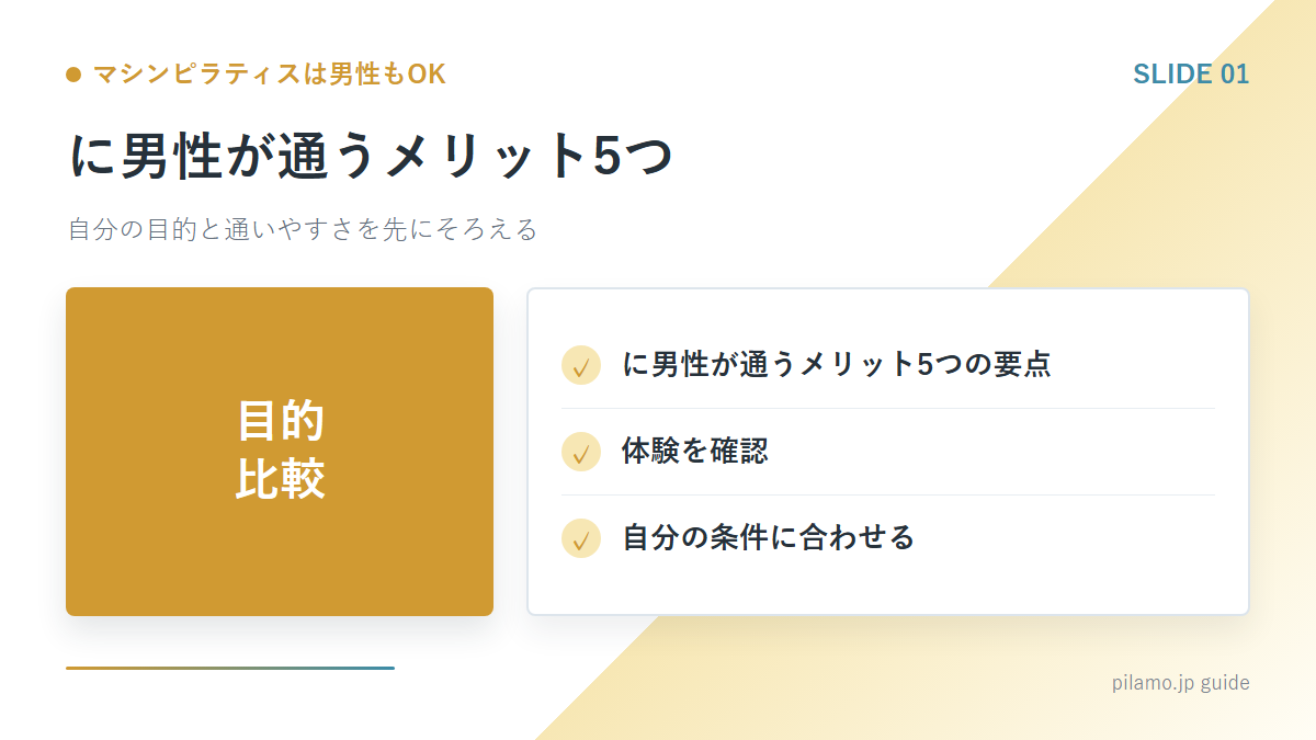 マシンピラティスは男性もOK「に男性が通うメリット5つ」の要点を整理した図解