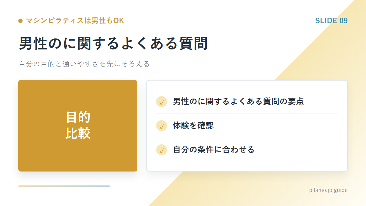 マシンピラティスは男性もOK「男性のに関するよくある質問」の要点を整理した図解