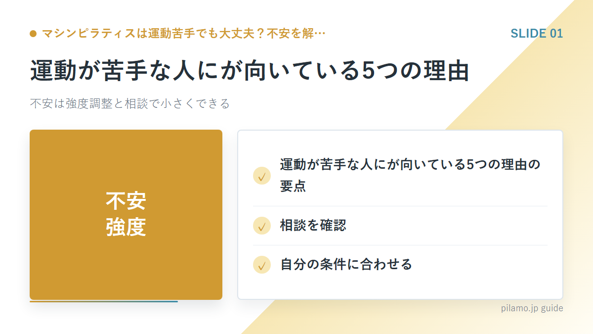 マシンピラティスは運動苦手でも大丈夫？不安を解…「運動が苦手な人にが向いている5つの理由」の要点を整理した図解