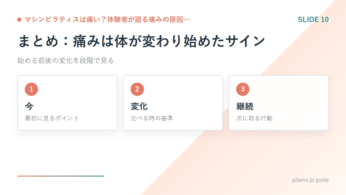 マシンピラティスは痛い？体験者が語る痛みの原因…「まとめ：痛みは体が変わり始めたサイン」の要点を整理した図解