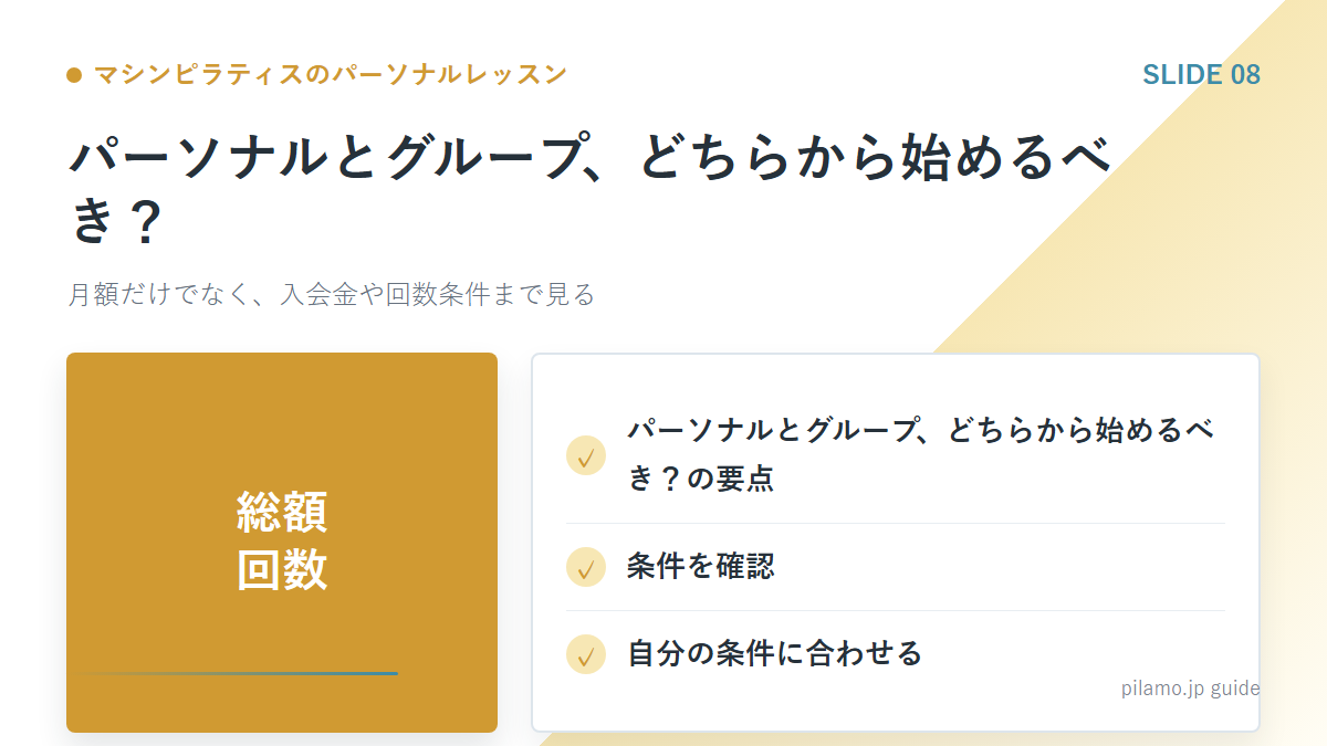 マシンピラティスのパーソナルレッスン「パーソナルとグループ、どちらから始めるべき?」の要点を整理した図解
