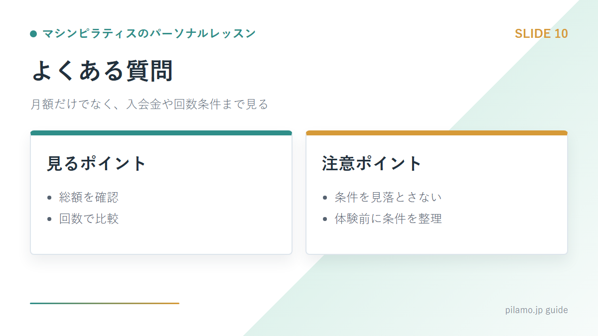 マシンピラティスのパーソナルレッスン「よくある質問」の要点を整理した図解