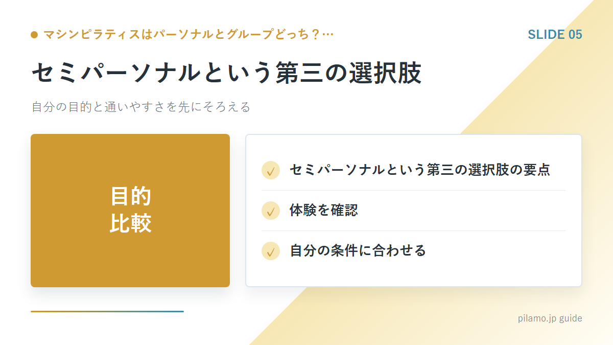 マシンピラティスはパーソナルとグループどっち?…「セミパーソナルという第三の選択肢」の要点を整理した図解