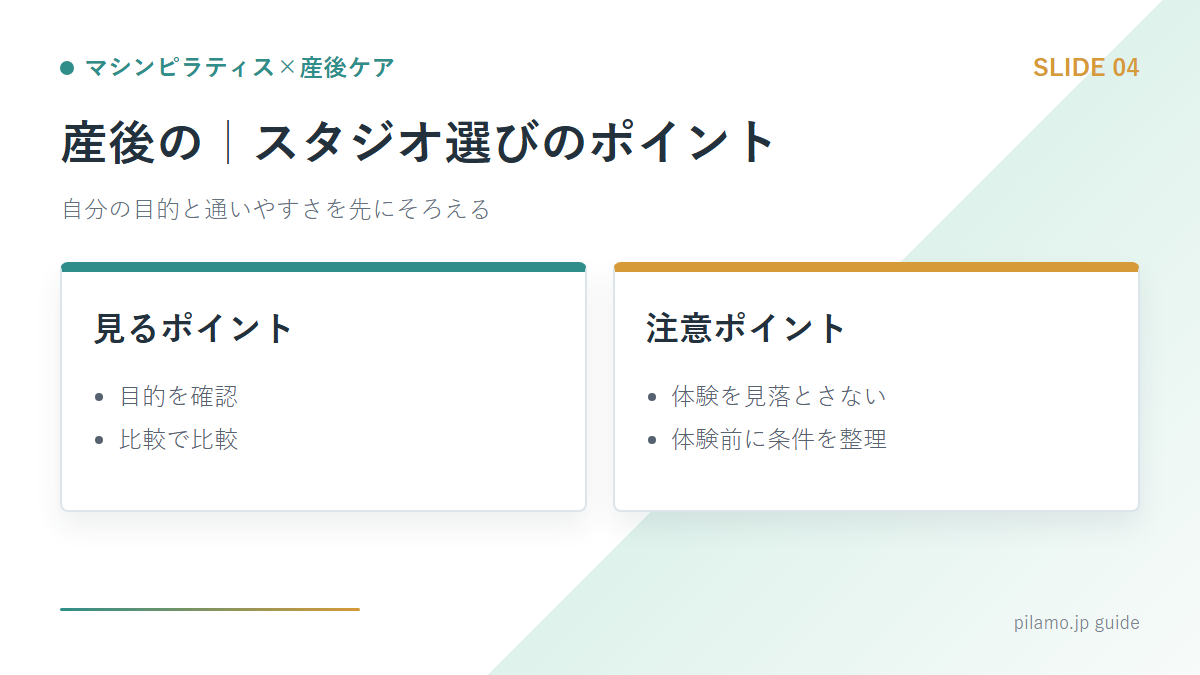 マシンピラティス×産後ケア「産後の|スタジオ選びのポイント」の要点を整理した図解