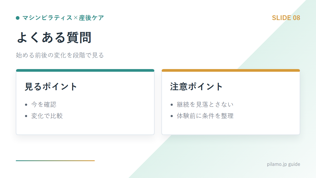 マシンピラティス×産後ケア「よくある質問」の要点を整理した図解