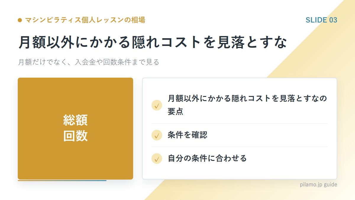 マシンピラティス個人レッスンの相場「月額以外にかかる隠れコストを見落とすな」の要点を整理した図解
