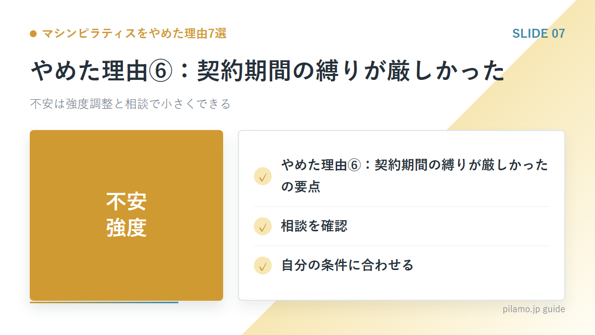 マシンピラティスをやめた理由7選「やめた理由⑥:契約期間の縛りが厳しかった」の要点を整理した図解