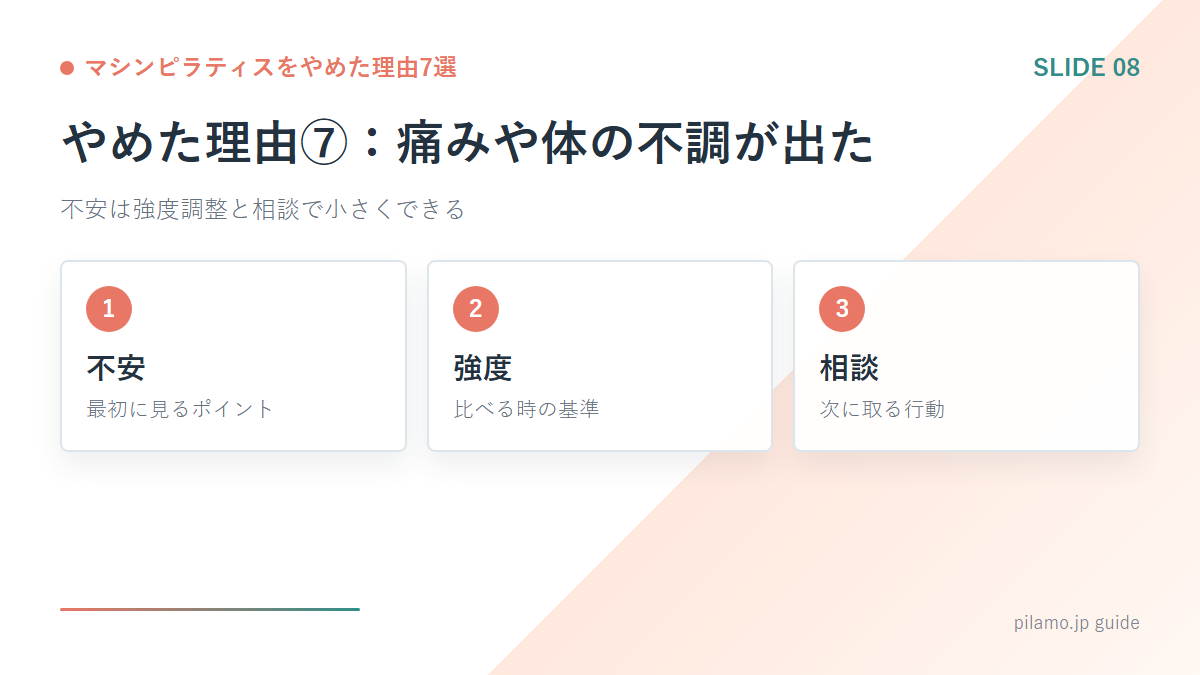 マシンピラティスをやめた理由7選「やめた理由⑦:痛みや体の不調が出た」の要点を整理した図解