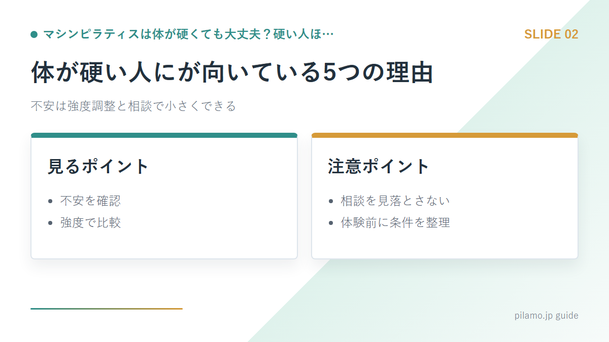 マシンピラティスは体が硬くても大丈夫？硬い人ほ…「体が硬い人にが向いている5つの理由」の要点を整理した図解