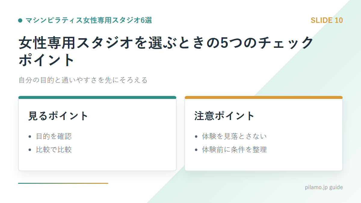 マシンピラティス女性専用スタジオ6選「女性専用スタジオを選ぶときの5つのチェックポイント」の要点を整理した図解