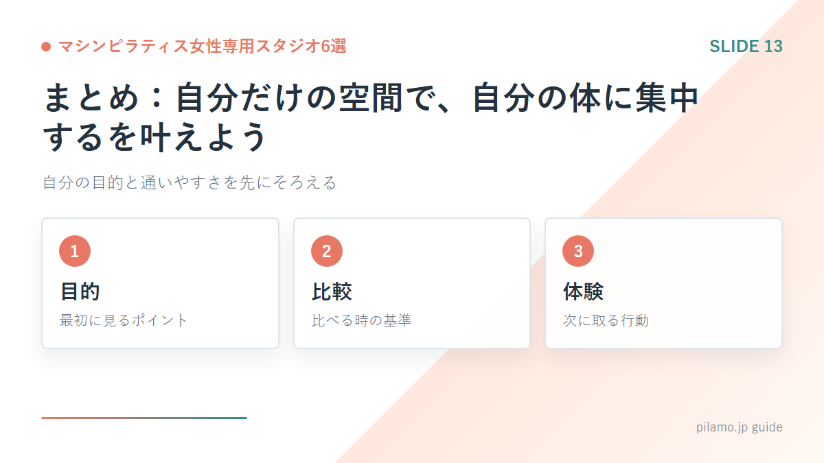 マシンピラティス女性専用スタジオ6選「まとめ：自分だけの空間で、自分の体に集中するを叶えよう」の要点を整理した図解