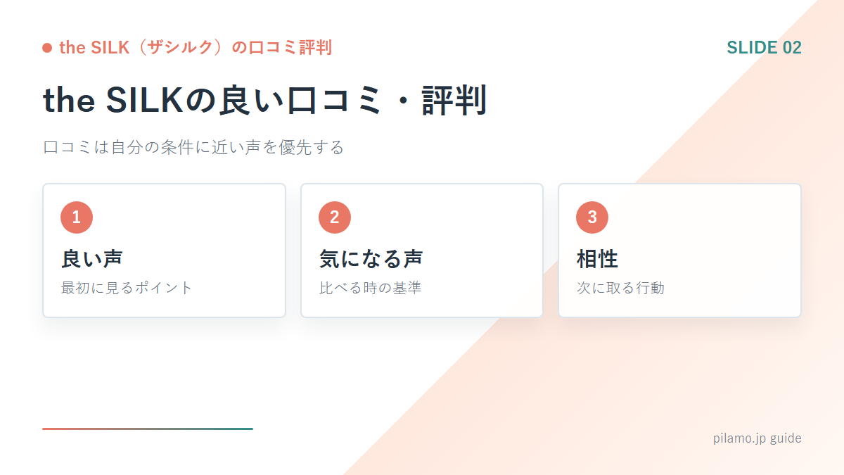 the SILK(ザシルク)の口コミ評判「the SILKの良い口コミ・評判」の要点を整理した図解