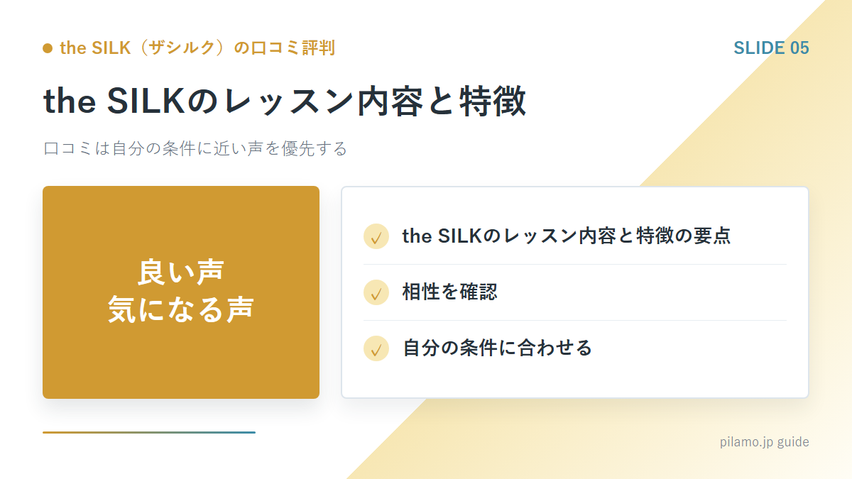 the SILK(ザシルク)の口コミ評判「the SILKのレッスン内容と特徴」の要点を整理した図解