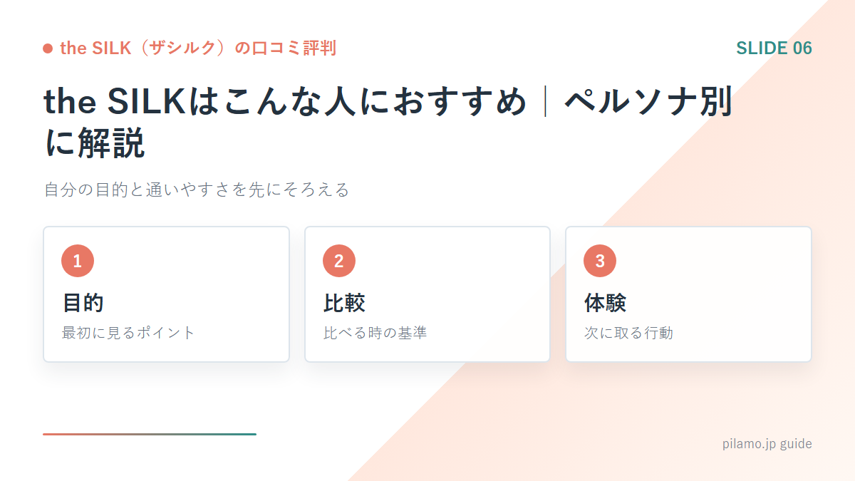 the SILK(ザシルク)の口コミ評判「the SILKはこんな人におすすめ|ペルソナ別に解説」の要点を整理した図解