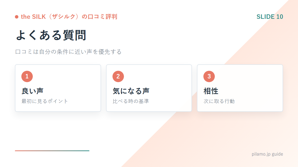 the SILK(ザシルク)の口コミ評判「よくある質問」の要点を整理した図解