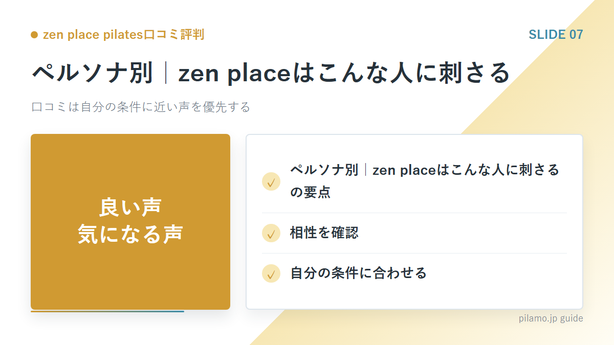 zen place pilates口コミ評判「ペルソナ別|zen placeはこんな人に刺さる」の要点を整理した図解