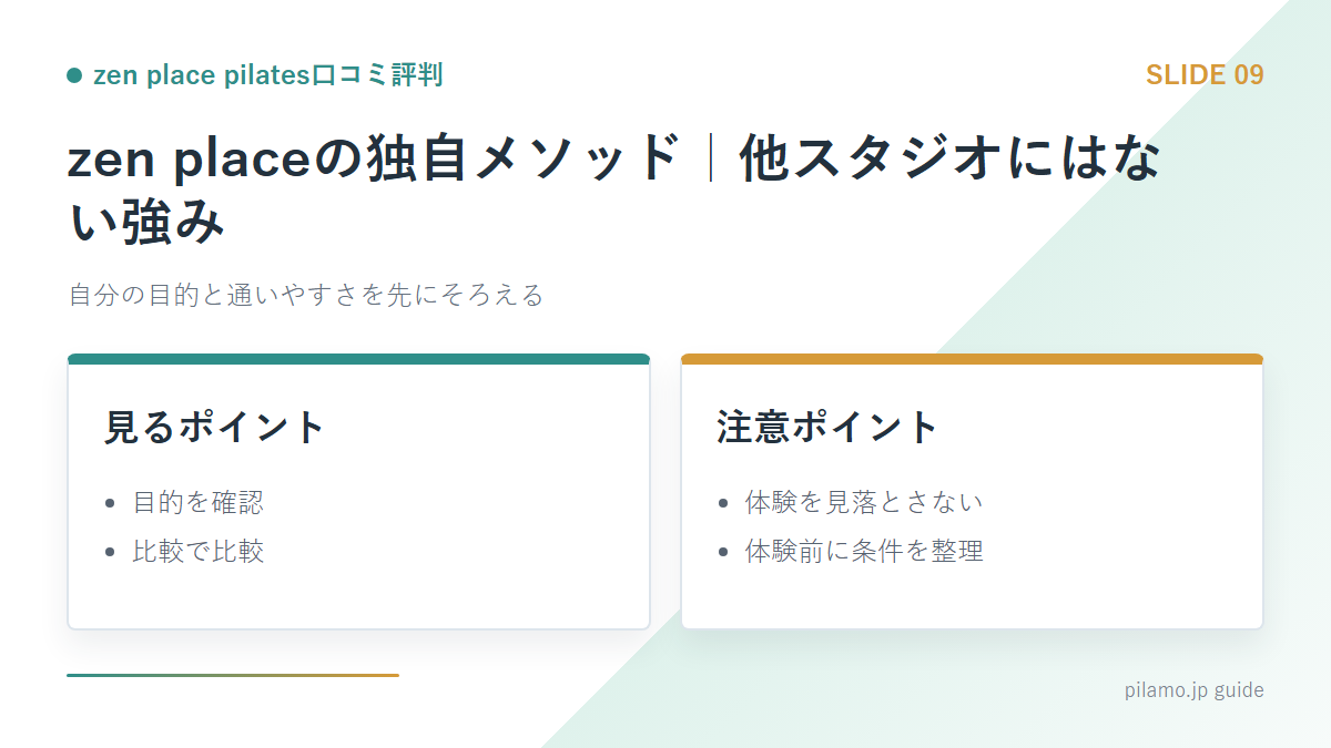 zen place pilates口コミ評判「zen placeの独自メソッド|他スタジオにはない強み」の要点を整理した図解